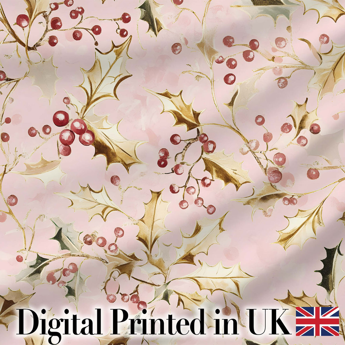 Elegant Gold Holly Berry Pink Background Seamless Pattern Digital Print Fabric by the Metre UK Sewing Quilting Textile