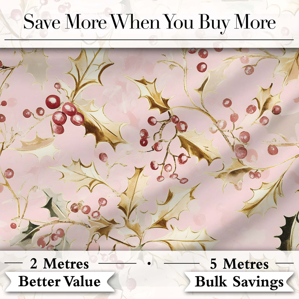 Elegant Gold Holly Berry Pink Background Seamless Pattern Digital Print Fabric by the Metre UK Sewing Quilting Textile