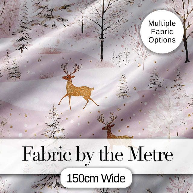 Winter Deer Snow Forest Pink Landscape Seamless Pattern Digital Print Fabric by the Metre UK Sewing Quilting Textile