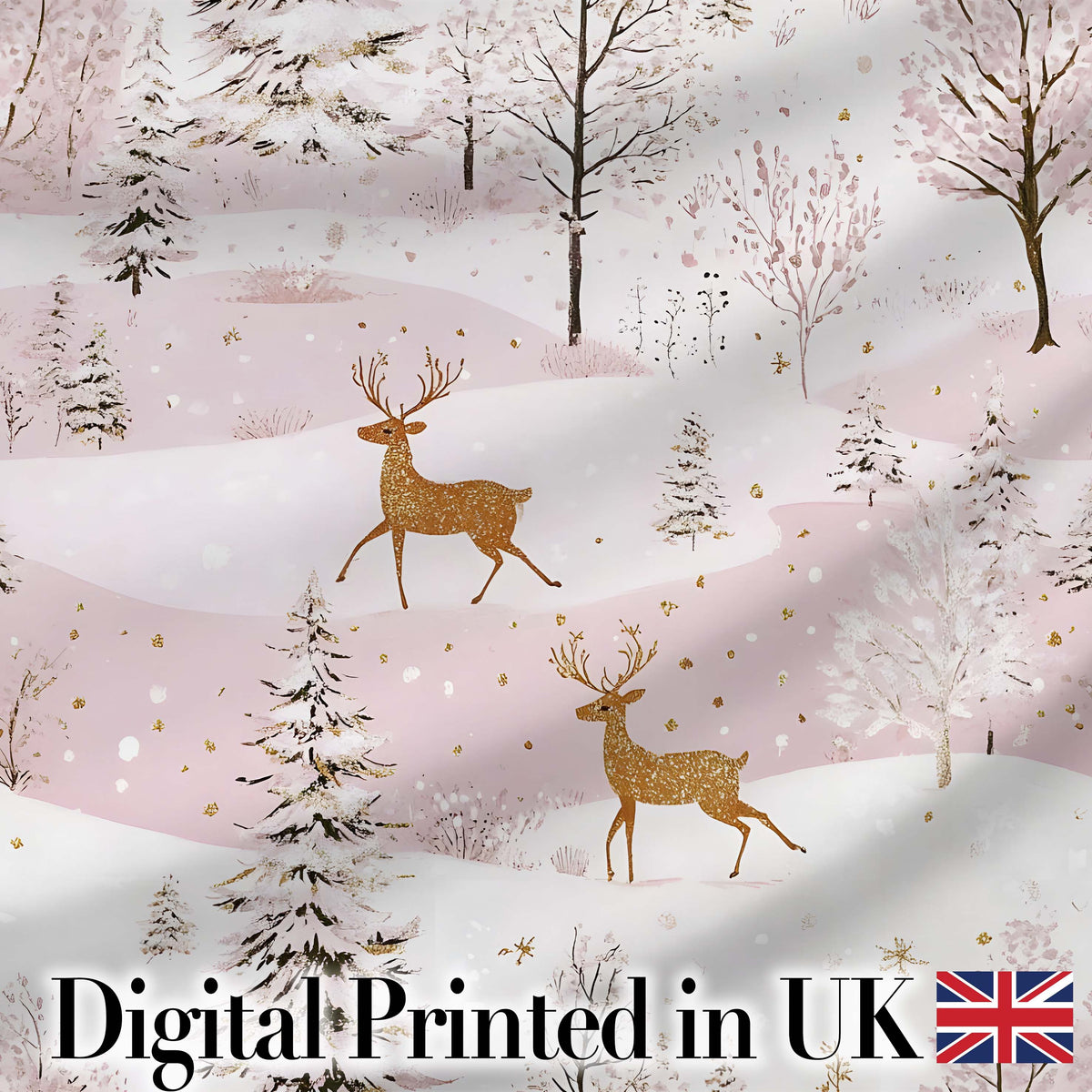 Winter Deer Snow Forest Pink Landscape Seamless Pattern Digital Print Fabric by the Metre UK Sewing Quilting Textile