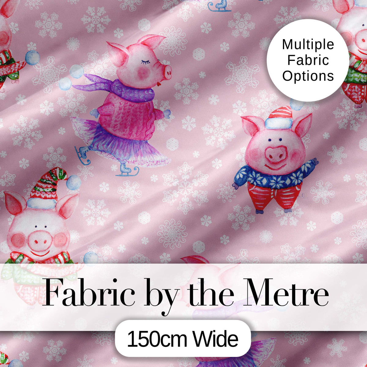 Cute Winter Pig Snowflake Watercolor Seamless Pattern Digital Print Fabric by the Metre UK Sewing Quilting Textile