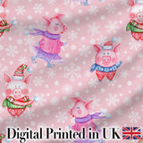 Cute Winter Pig Snowflake Watercolor Seamless Pattern Digital Print Fabric by the Metre UK Sewing Quilting Textile