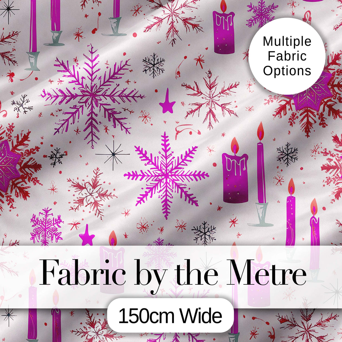 Pink Candle Snowflake Winter Festive Seamless Pattern Digital Print Fabric by the Metre UK Sewing Quilting Textile