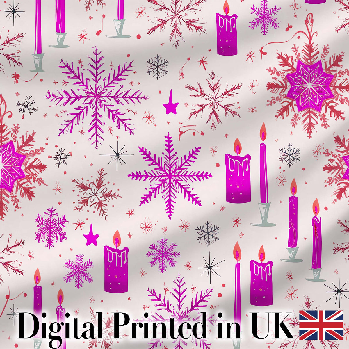 Pink Candle Snowflake Winter Festive Seamless Pattern Digital Print Fabric by the Metre UK Sewing Quilting Textile