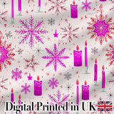 Pink Candle Snowflake Winter Festive Seamless Pattern Digital Print Fabric by the Metre UK Sewing Quilting Textile