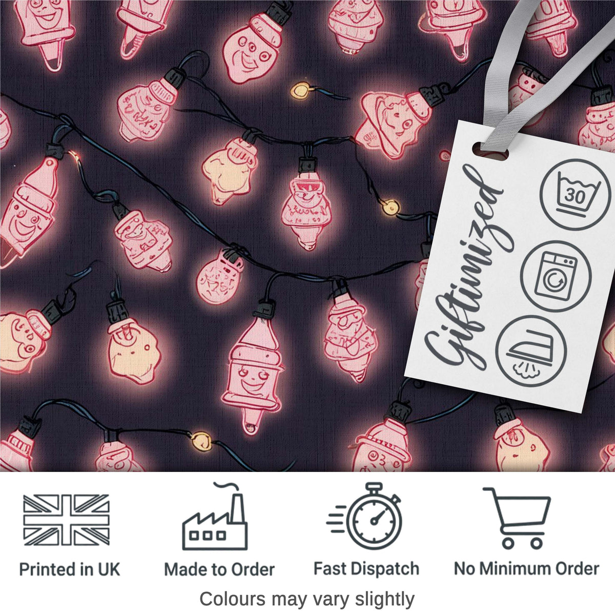 Cute  Christmas Light Bulbs Festive Glow Seamless Pattern Digital Print Fabric by the Metre UK Sewing Quilting Textile