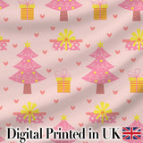 Cute Pink Christmas Tree Gift Hearts Seamless Pattern Digital Print Fabric by the Metre UK Sewing Quilting Textile