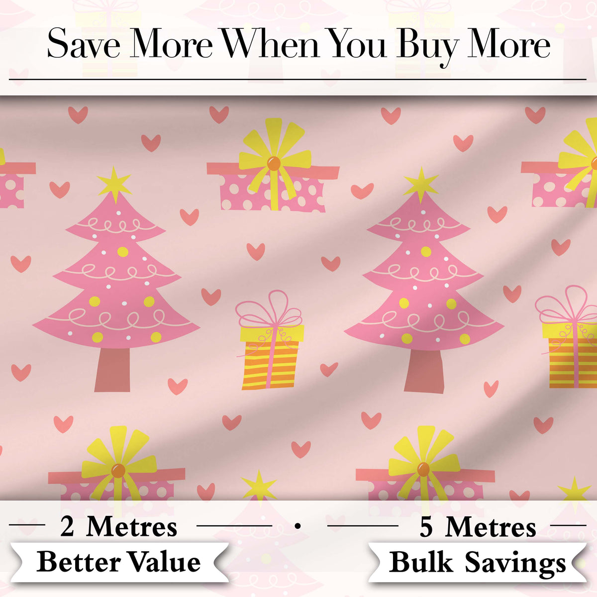 Cute Pink Christmas Tree Gift Hearts Seamless Pattern Digital Print Fabric by the Metre UK Sewing Quilting Textile