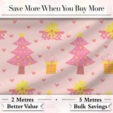 Cute Pink Christmas Tree Gift Hearts Seamless Pattern Digital Print Fabric by the Metre UK Sewing Quilting Textile