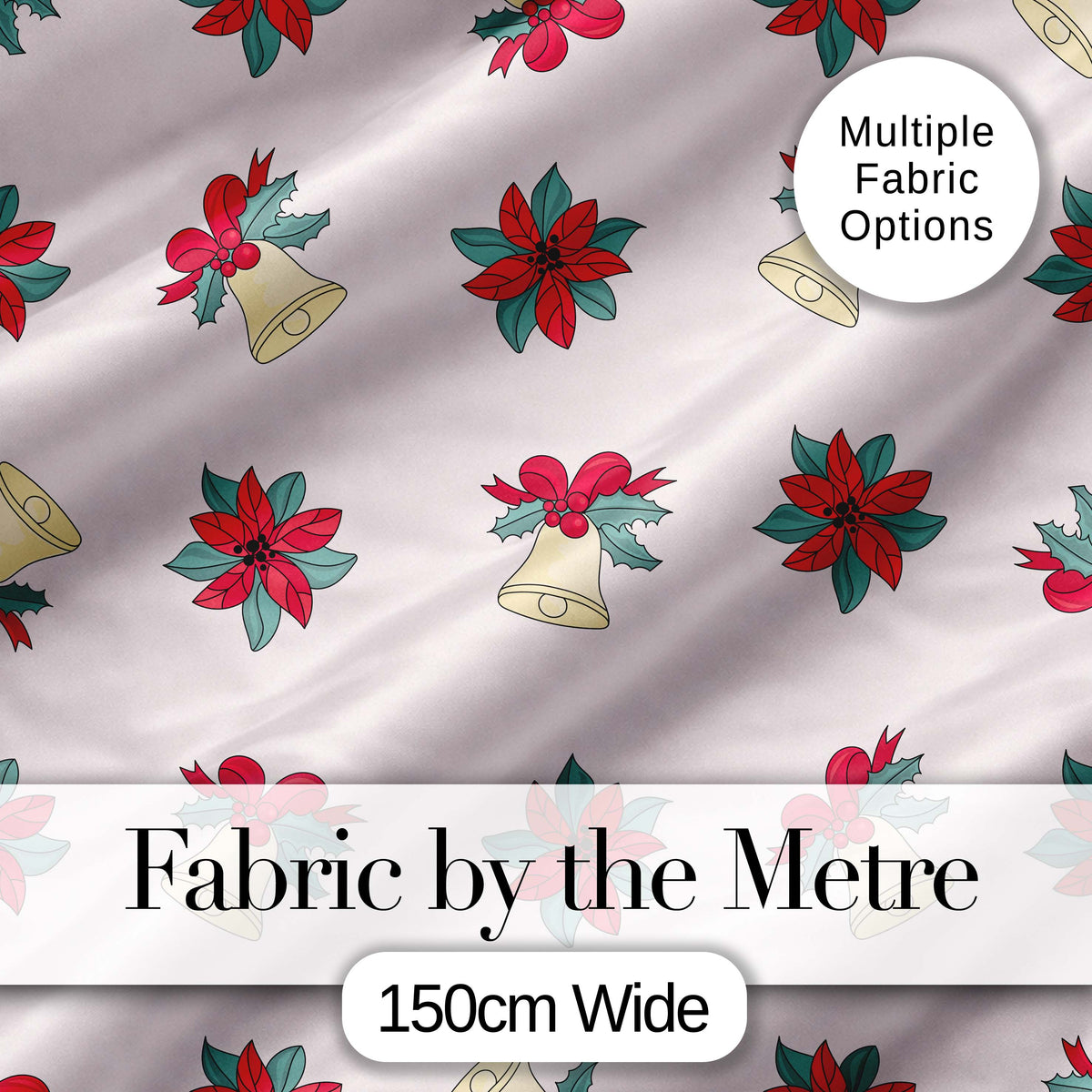 Poinsettia Flower Bell Holly Christmas Seamless Pattern Digital Print Fabric by the Metre UK Sewing Quilting Textile