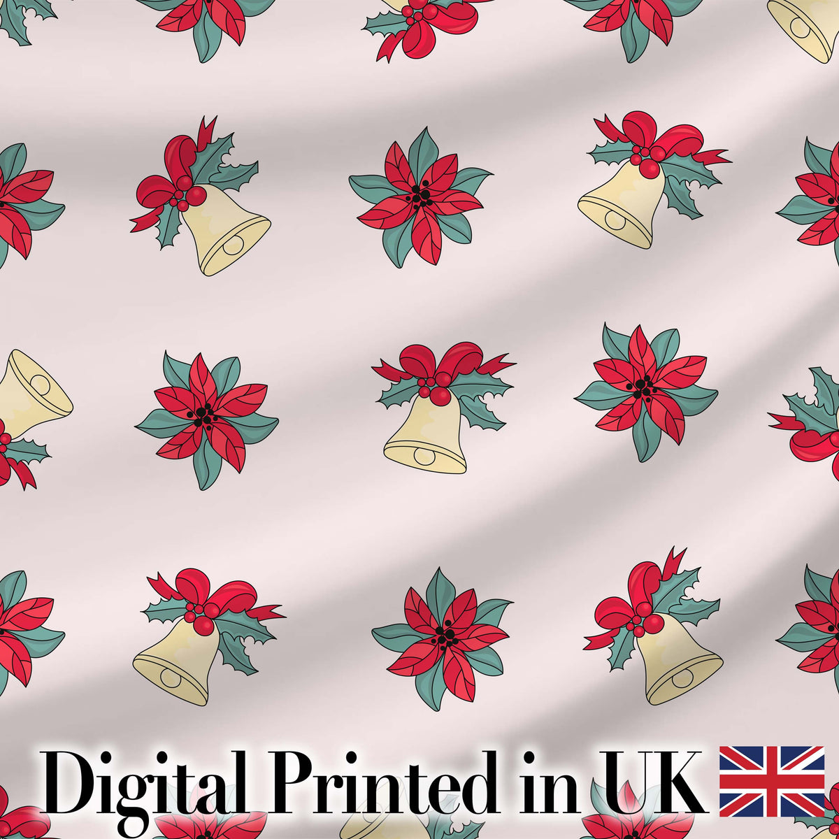 Poinsettia Flower Bell Holly Christmas Seamless Pattern Digital Print Fabric by the Metre UK Sewing Quilting Textile