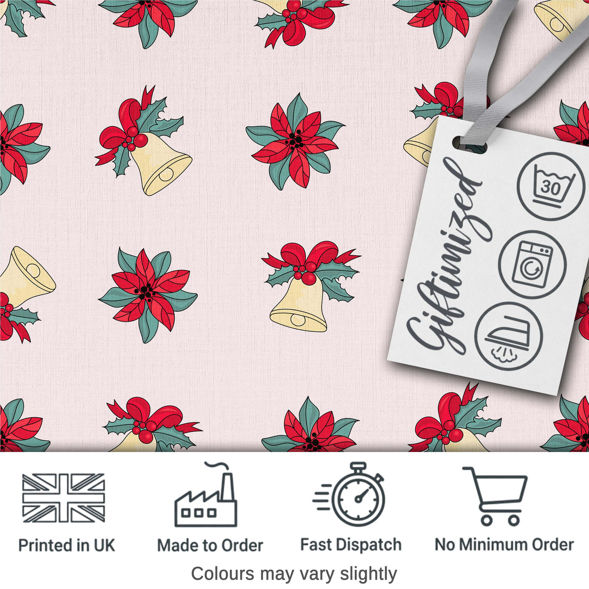 Poinsettia Flower Bell Holly Christmas Seamless Pattern Digital Print Fabric by the Metre UK Sewing Quilting Textile