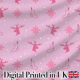 Cute Reindeer Snowflake Stocking Pink Seamless Pattern Digital Print Fabric by the Metre UK Sewing Quilting Textile
