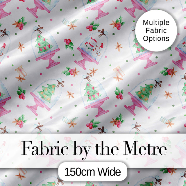 Watercolor Christmas Snow Globe Tree Holly Seamless Pattern Digital Print Fabric by the Metre UK Sewing Quilting Textile