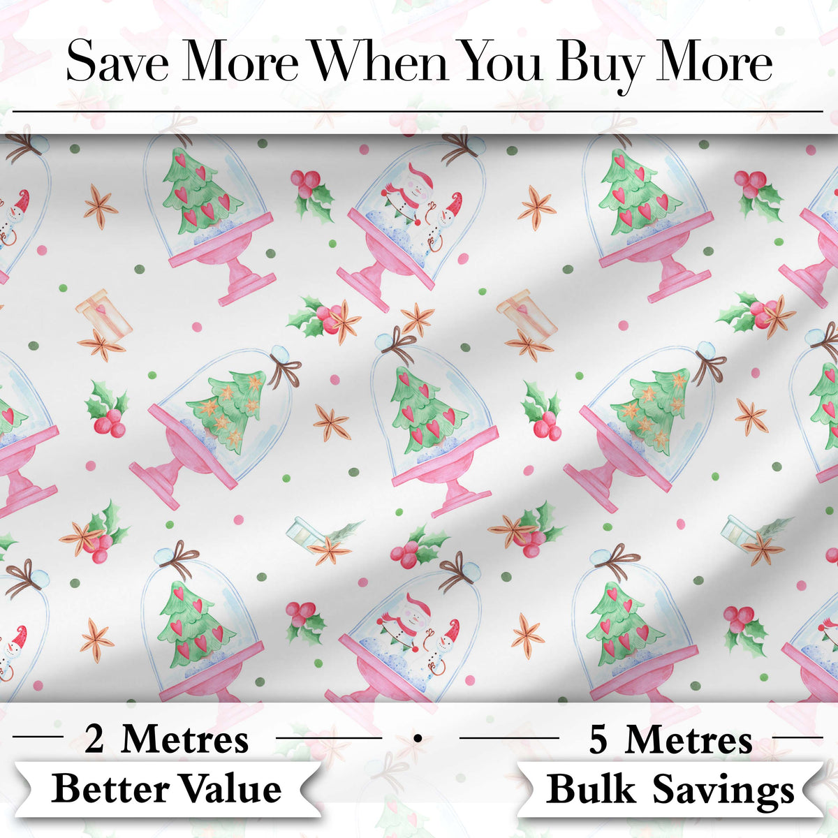 Watercolor Christmas Snow Globe Tree Holly Seamless Pattern Digital Print Fabric by the Metre UK Sewing Quilting Textile
