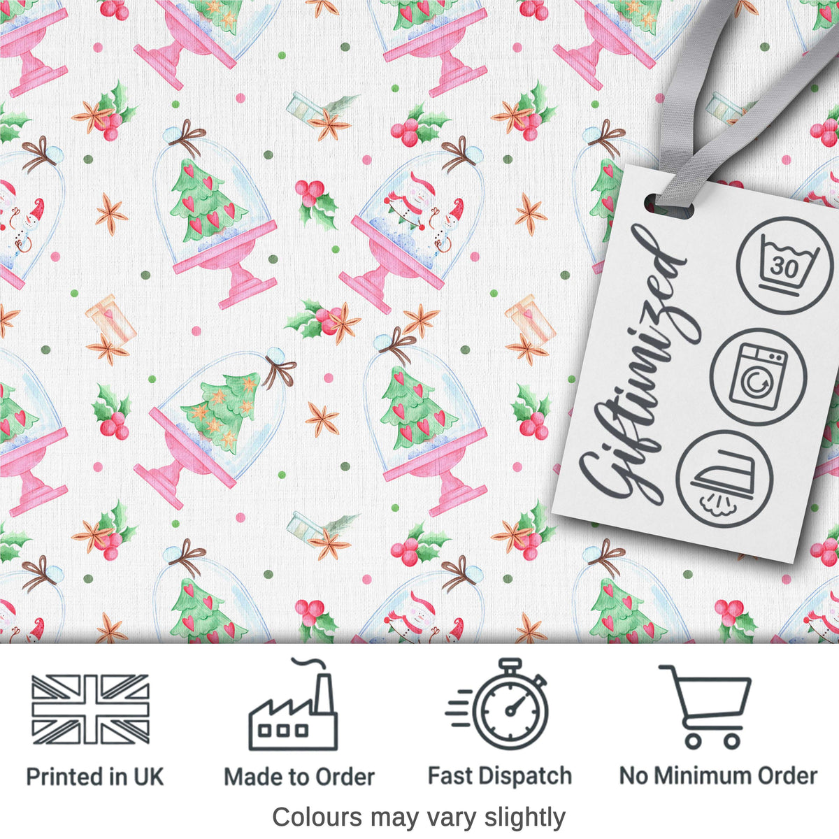 Watercolor Christmas Snow Globe Tree Holly Seamless Pattern Digital Print Fabric by the Metre UK Sewing Quilting Textile