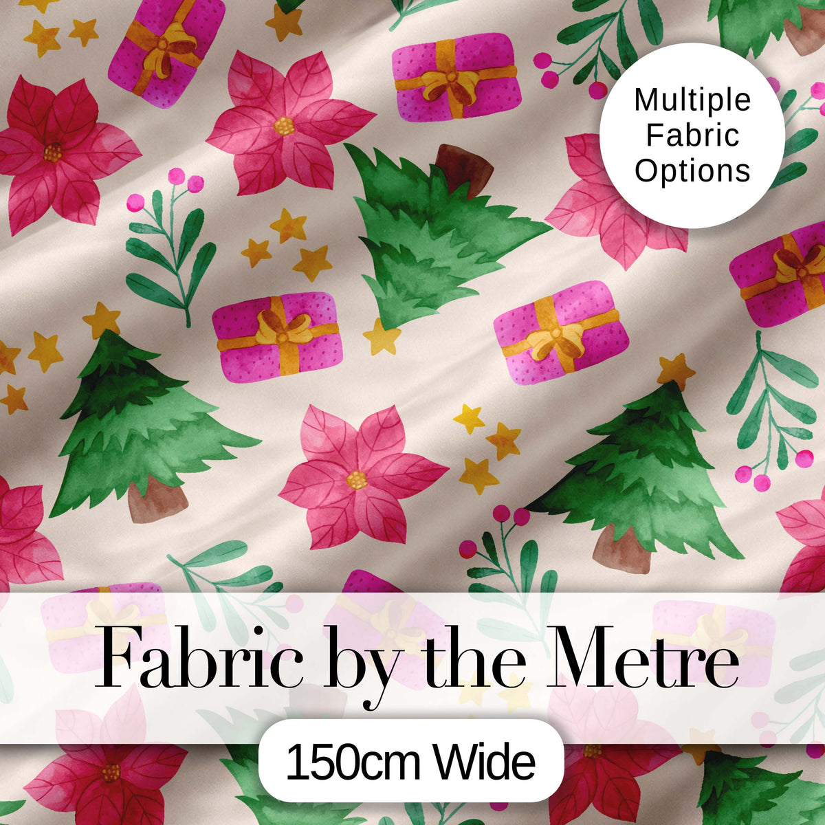Watercolor Christmas Tree Poinsettia Gift Seamless Pattern Digital Print Fabric by the Metre UK Sewing Quilting Textile