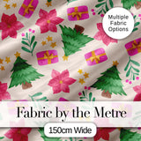 Watercolor Christmas Tree Poinsettia Gift Seamless Pattern Digital Print Fabric by the Metre UK Sewing Quilting Textile