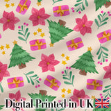Watercolor Christmas Tree Poinsettia Gift Seamless Pattern Digital Print Fabric by the Metre UK Sewing Quilting Textile