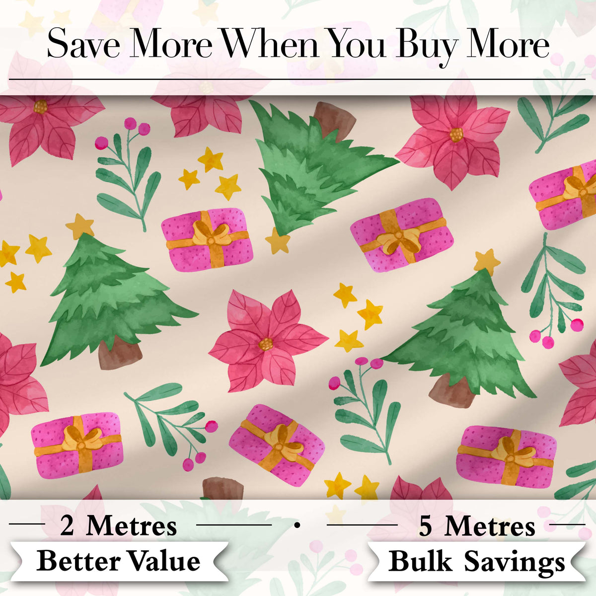 Watercolor Christmas Tree Poinsettia Gift Seamless Pattern Digital Print Fabric by the Metre UK Sewing Quilting Textile