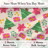 Watercolor Christmas Tree Poinsettia Gift Seamless Pattern Digital Print Fabric by the Metre UK Sewing Quilting Textile
