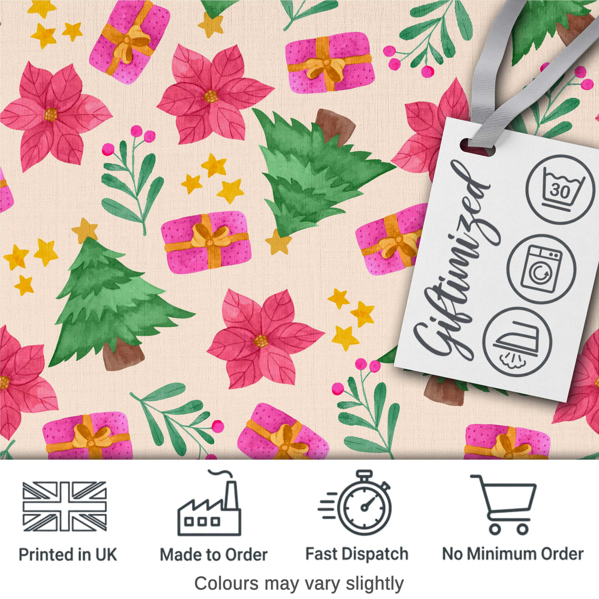Watercolor Christmas Tree Poinsettia Gift Seamless Pattern Digital Print Fabric by the Metre UK Sewing Quilting Textile