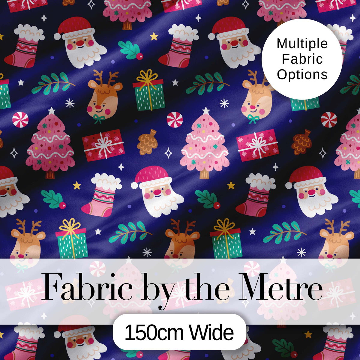 Cute Santa Reindeer Christmas Tree Gift Seamless Pattern Digital Print Fabric by the Metre UK Sewing Quilting Textile