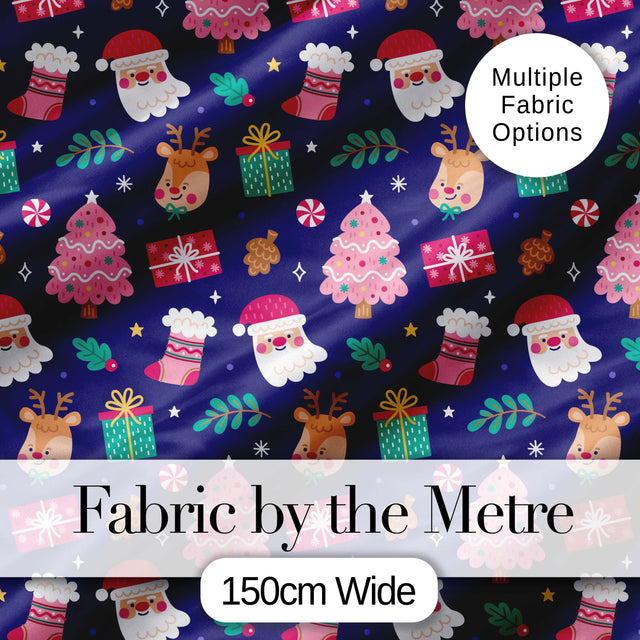Cute Santa Reindeer Christmas Tree Gift Seamless Pattern Digital Print Fabric by the Metre UK Sewing Quilting Textile