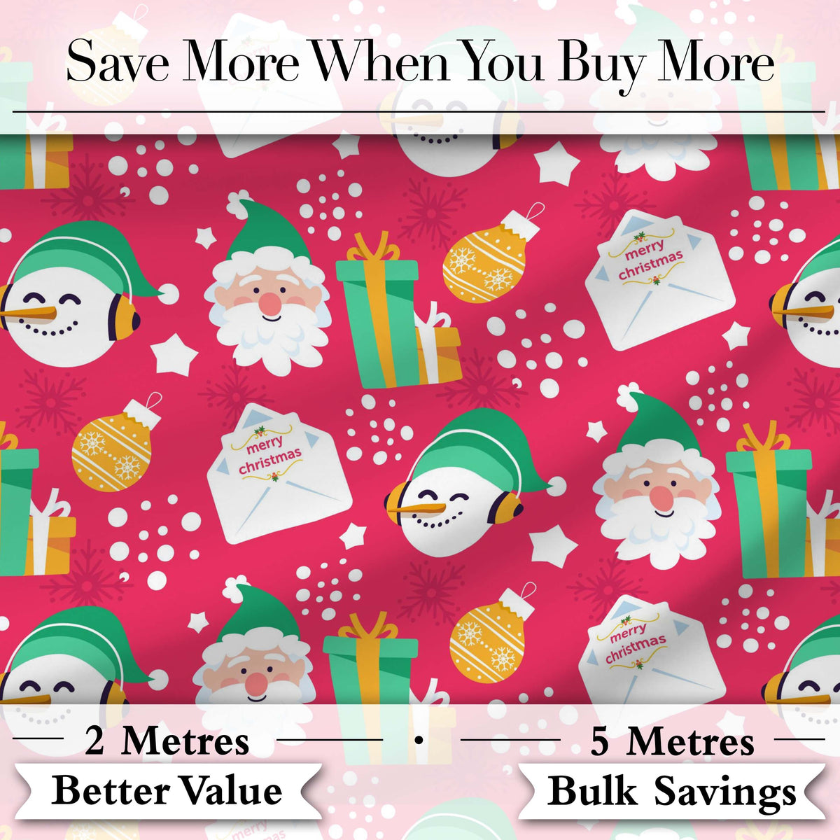 Cute Santa Snowman Christmas Letter Gift Seamless Pattern Digital Print Fabric by the Metre UK Sewing Quilting Textile