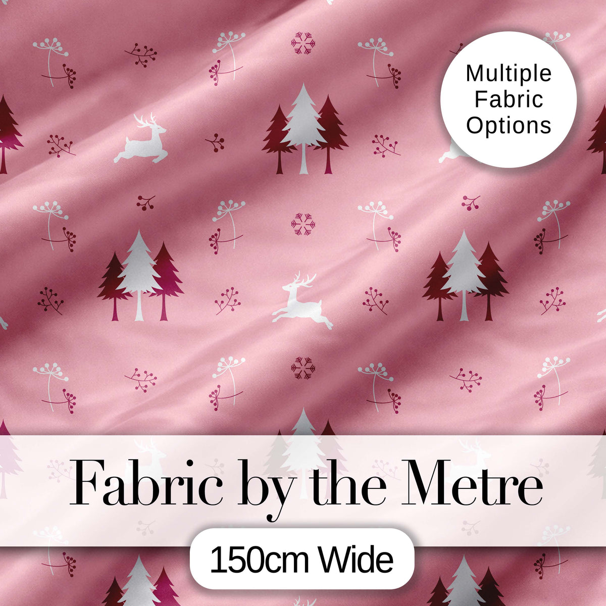 Minimal Reindeer Tree Winter Floral Pink Seamless Pattern Digital Print Fabric by the Metre UK Sewing Quilting Textile