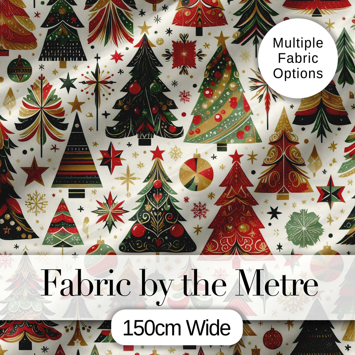 Vintage Christmas Tree Ornament Festive Seamless Pattern Digital Print Fabric by the Metre UK Sewing Quilting Textile