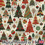 Vintage Christmas Tree Ornament Festive Seamless Pattern Digital Print Fabric by the Metre UK Sewing Quilting Textile