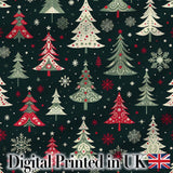 Cute Nordic Christmas Trees Snowflake Dark Background Seamless Pattern Digital Print Fabric by the Metre UK Sewing Quilting Textile