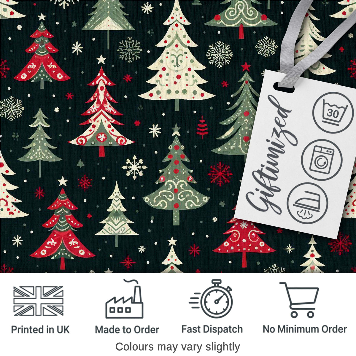 Cute Nordic Christmas Trees Snowflake Dark Background Seamless Pattern Digital Print Fabric by the Metre UK Sewing Quilting Textile