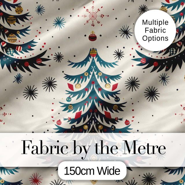 Cute  Christmas Tree Ornament Starburst Seamless Pattern Digital Print Fabric by the Metre UK Sewing Quilting Textile