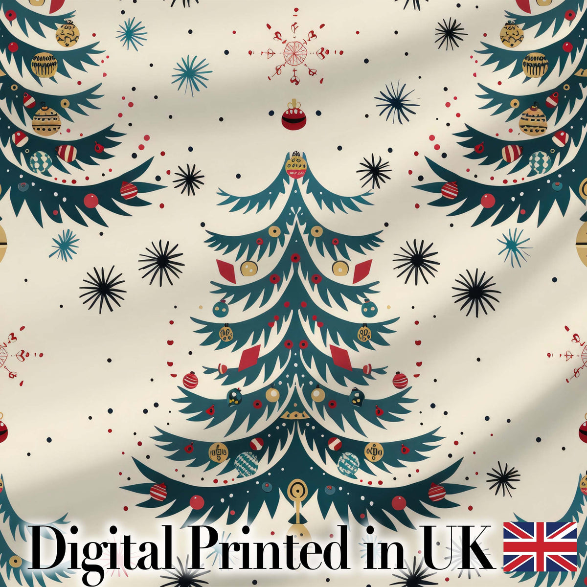 Cute  Christmas Tree Ornament Starburst Seamless Pattern Digital Print Fabric by the Metre UK Sewing Quilting Textile