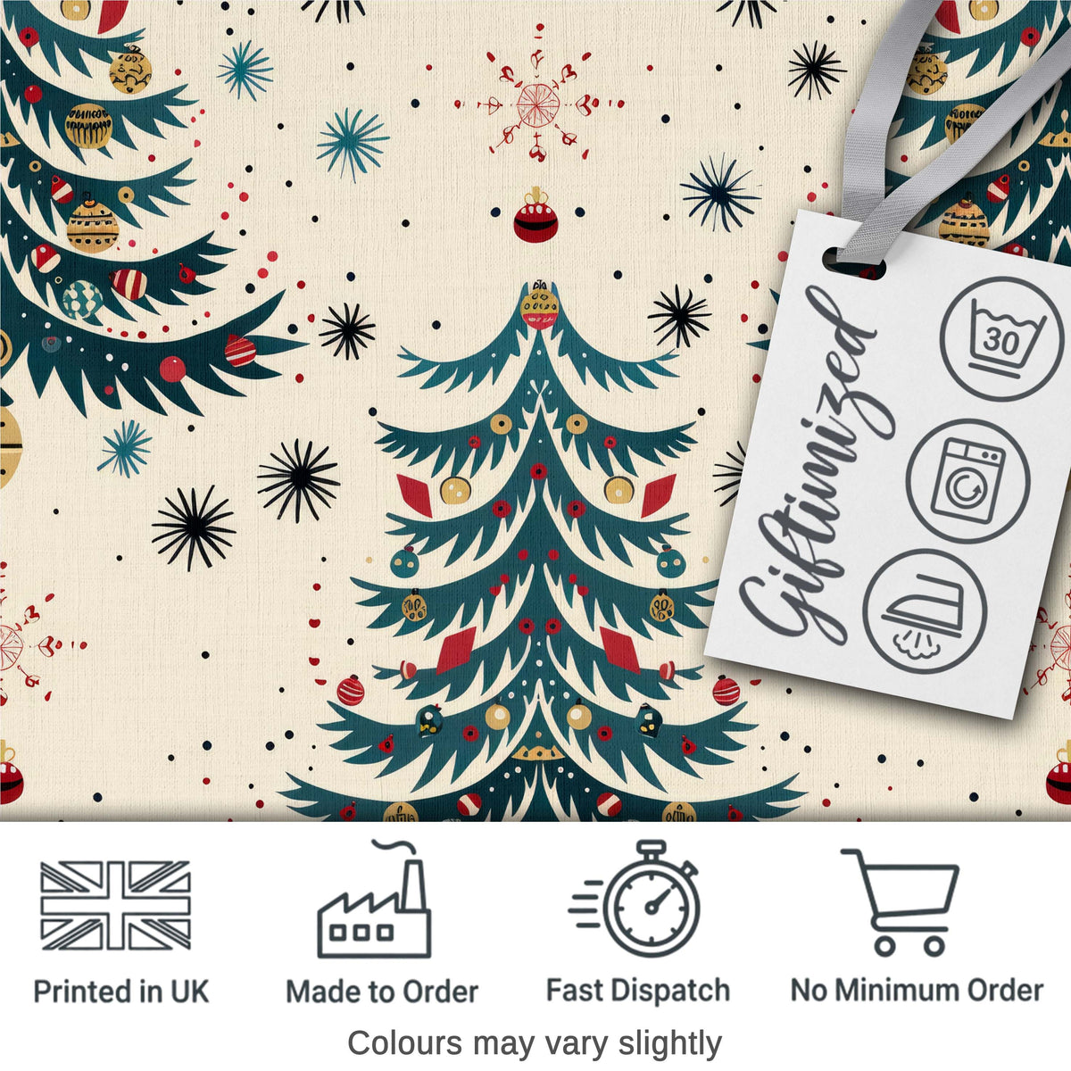 Cute  Christmas Tree Ornament Starburst Seamless Pattern Digital Print Fabric by the Metre UK Sewing Quilting Textile