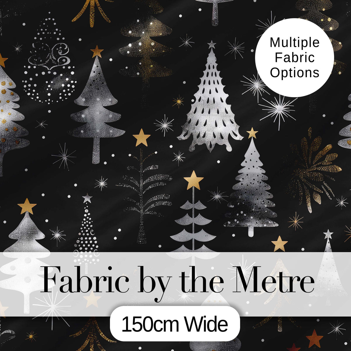 Elegant Gold Silver Christmas Trees Black Seamless Pattern Digital Print Fabric by the Metre UK Sewing Quilting Textile