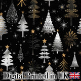 Elegant Gold Silver Christmas Trees Black Seamless Pattern Digital Print Fabric by the Metre UK Sewing Quilting Textile