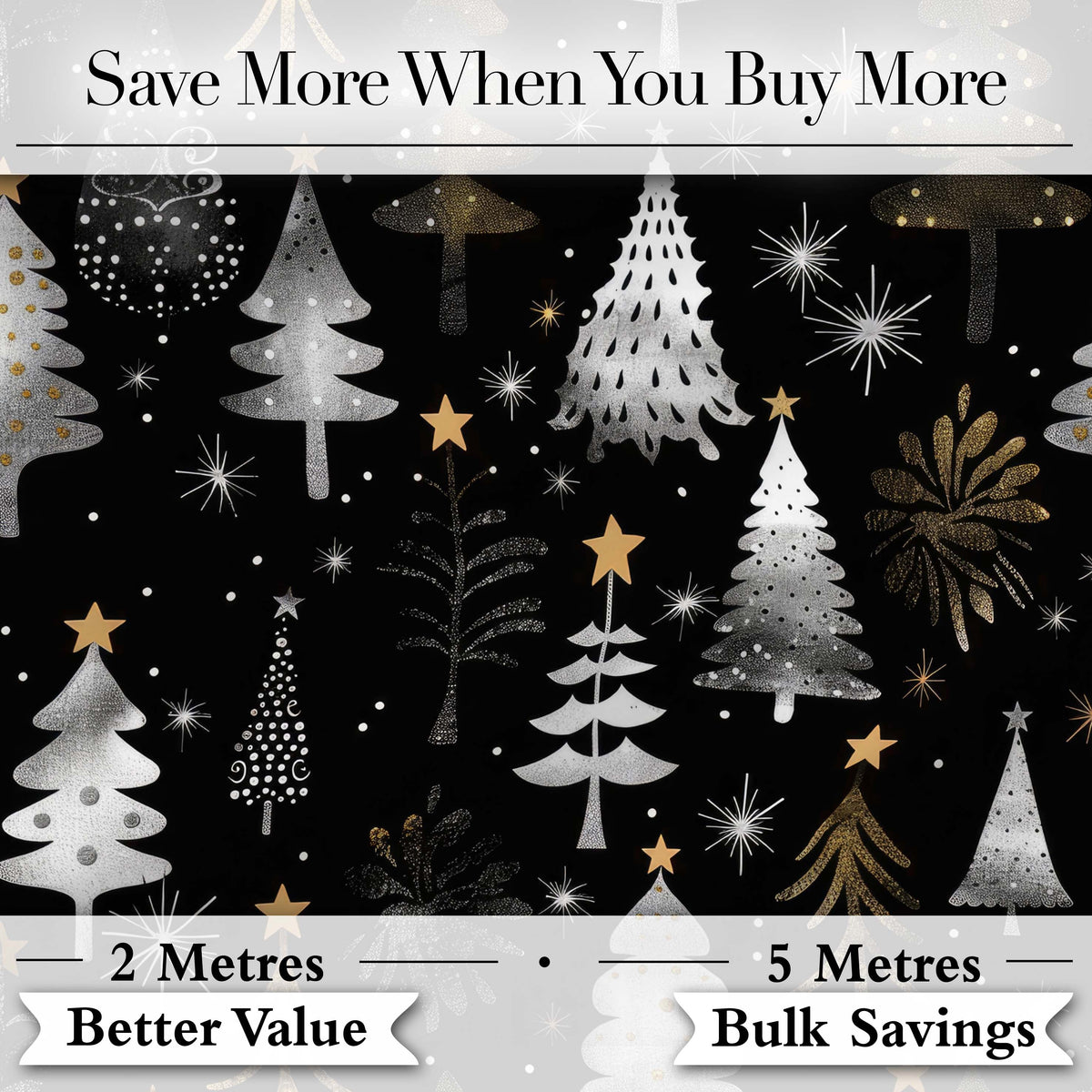 Elegant Gold Silver Christmas Trees Black Seamless Pattern Digital Print Fabric by the Metre UK Sewing Quilting Textile