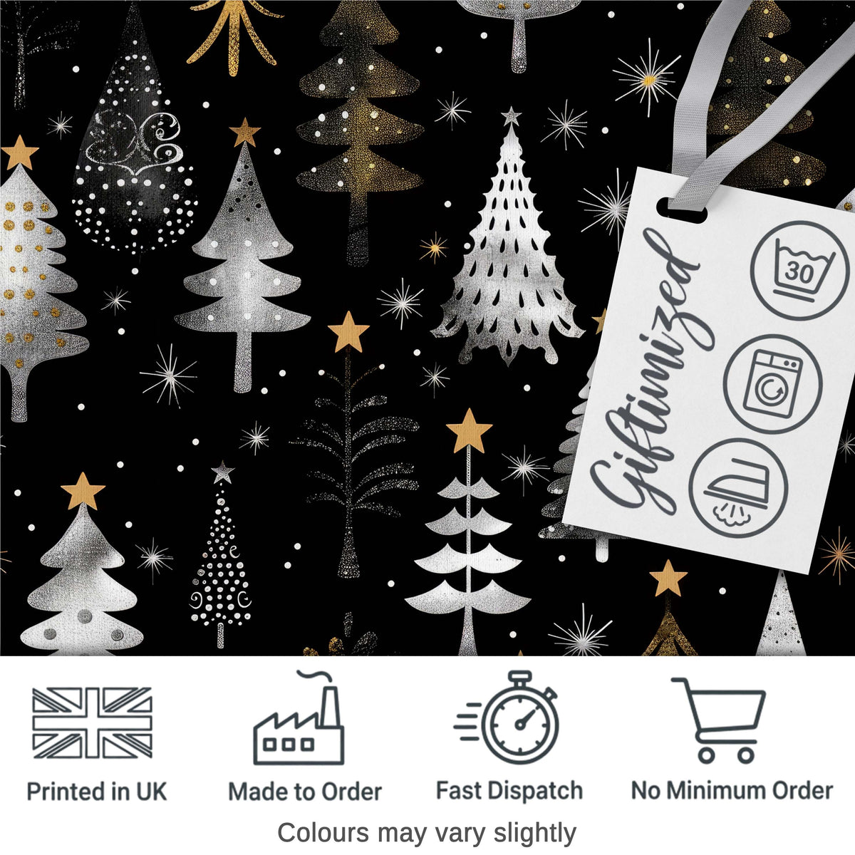 Elegant Gold Silver Christmas Trees Black Seamless Pattern Digital Print Fabric by the Metre UK Sewing Quilting Textile