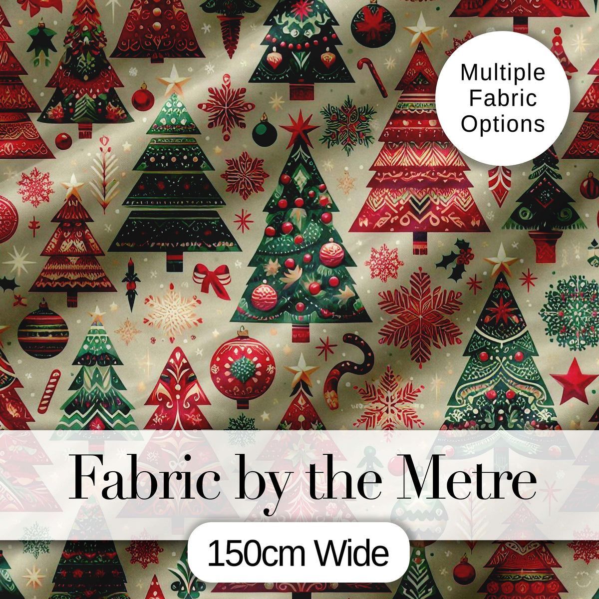 Vintage Christmas Tree Ornament Candy Cane Seamless Pattern Digital Print Fabric by the Metre UK Sewing Quilting Textile