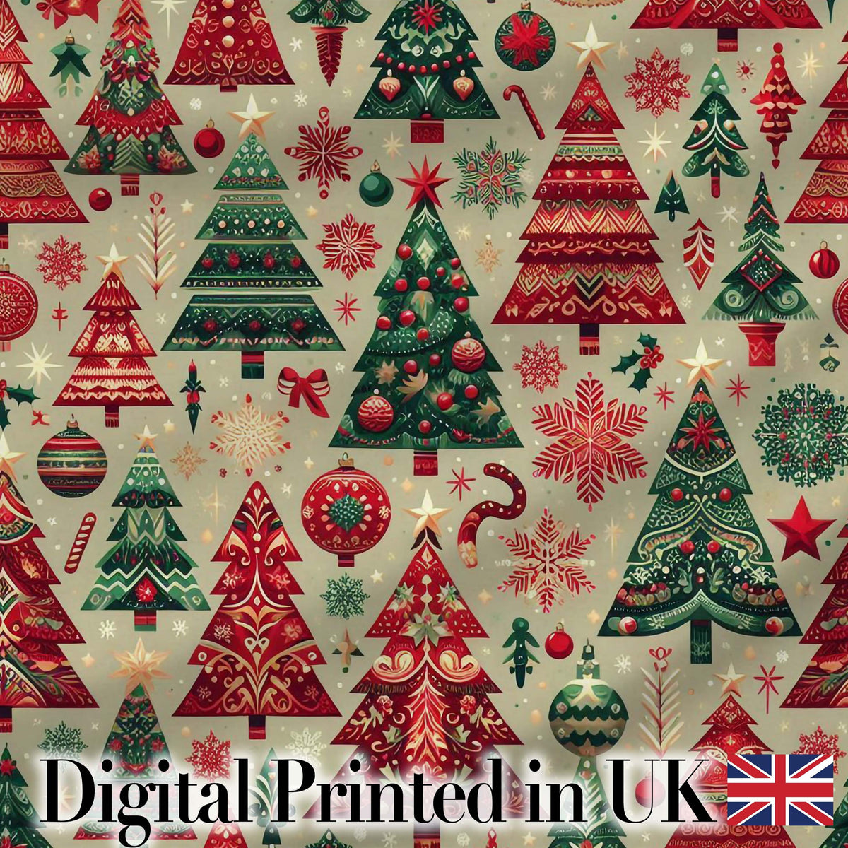 Vintage Christmas Tree Ornament Candy Cane Seamless Pattern Digital Print Fabric by the Metre UK Sewing Quilting Textile