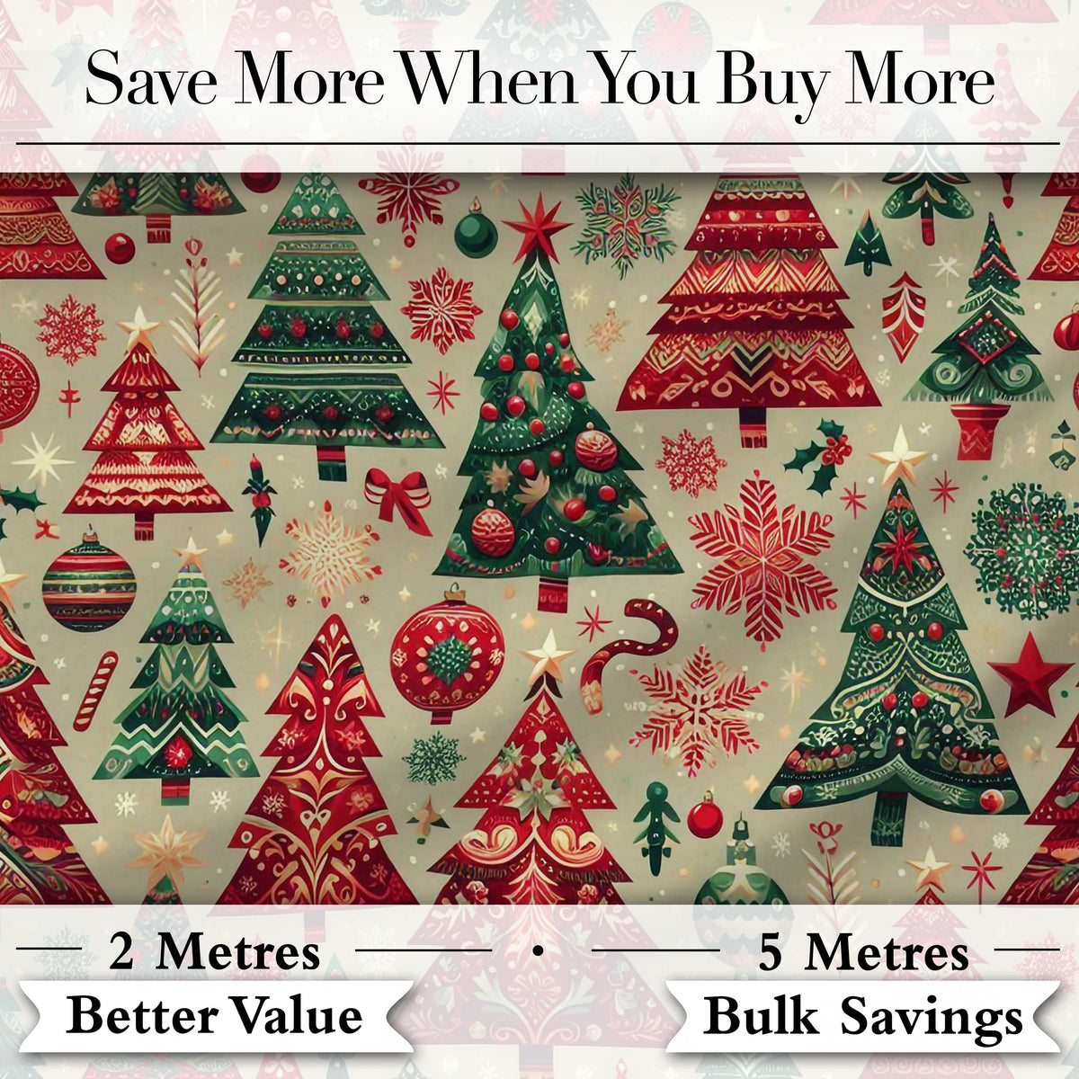 Vintage Christmas Tree Ornament Candy Cane Seamless Pattern Digital Print Fabric by the Metre UK Sewing Quilting Textile