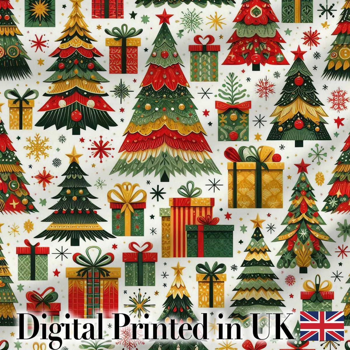 Cute Christmas Tree Gift Holiday Festive Seamless Pattern Digital Print Fabric by the Metre UK Sewing Quilting Textile