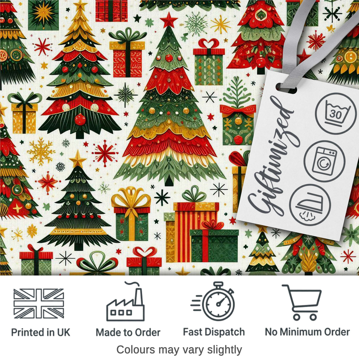 Cute Christmas Tree Gift Holiday Festive Seamless Pattern Digital Print Fabric by the Metre UK Sewing Quilting Textile
