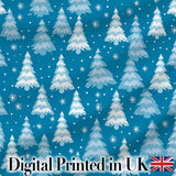 Snowy Winter Pine Trees with Falling Snowflakes Festive Blue Background Digital Print Fabric by the Metre UK Sewing Quilting Textile