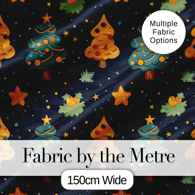 Christmas Trees with Stars and Holly Night  Festive Illustration Digital Print Fabric by the Metre UK Sewing Quilting Textile