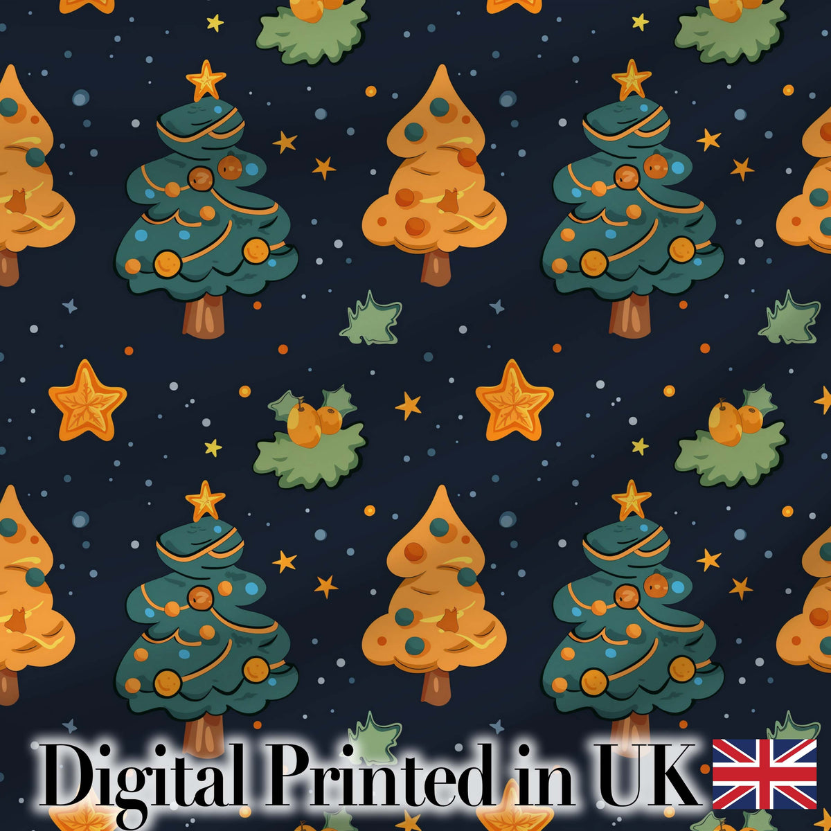 Christmas Trees with Stars and Holly Night  Festive Illustration Digital Print Fabric by the Metre UK Sewing Quilting Textile