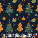Christmas Trees with Stars and Holly Night  Festive Illustration Digital Print Fabric by the Metre UK Sewing Quilting Textile